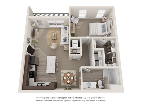 a 3d floor plan of a studio apartment with a bedroom and a living room